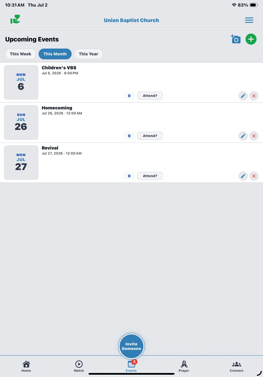 Events screen
